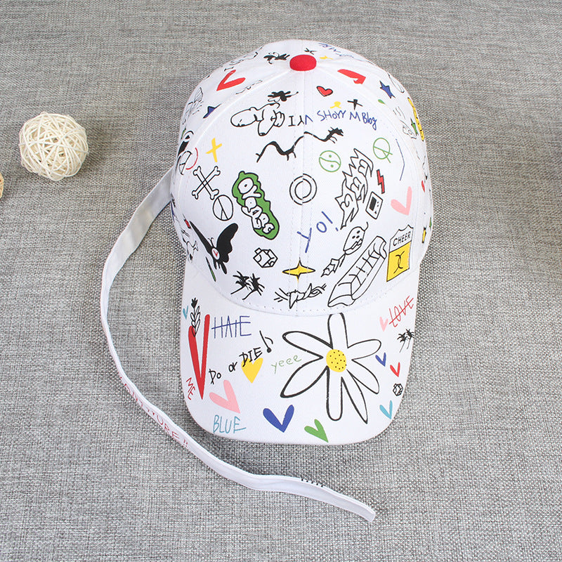 Korean version of Harajuku style graffiti pattern personality long belt peaked hat female summer street all-match sunshade baseball cap male
